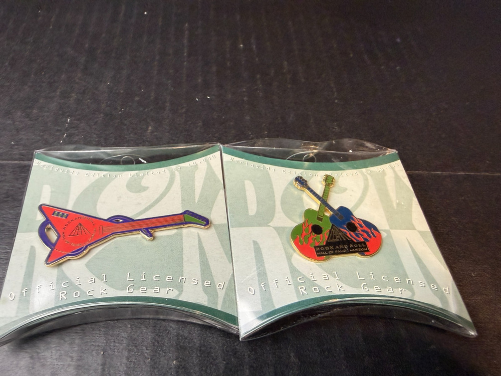 Cleveland Rock & Roll Hall of Fame Museum Souvenir Enamel Guitar Pin Lot of 2
